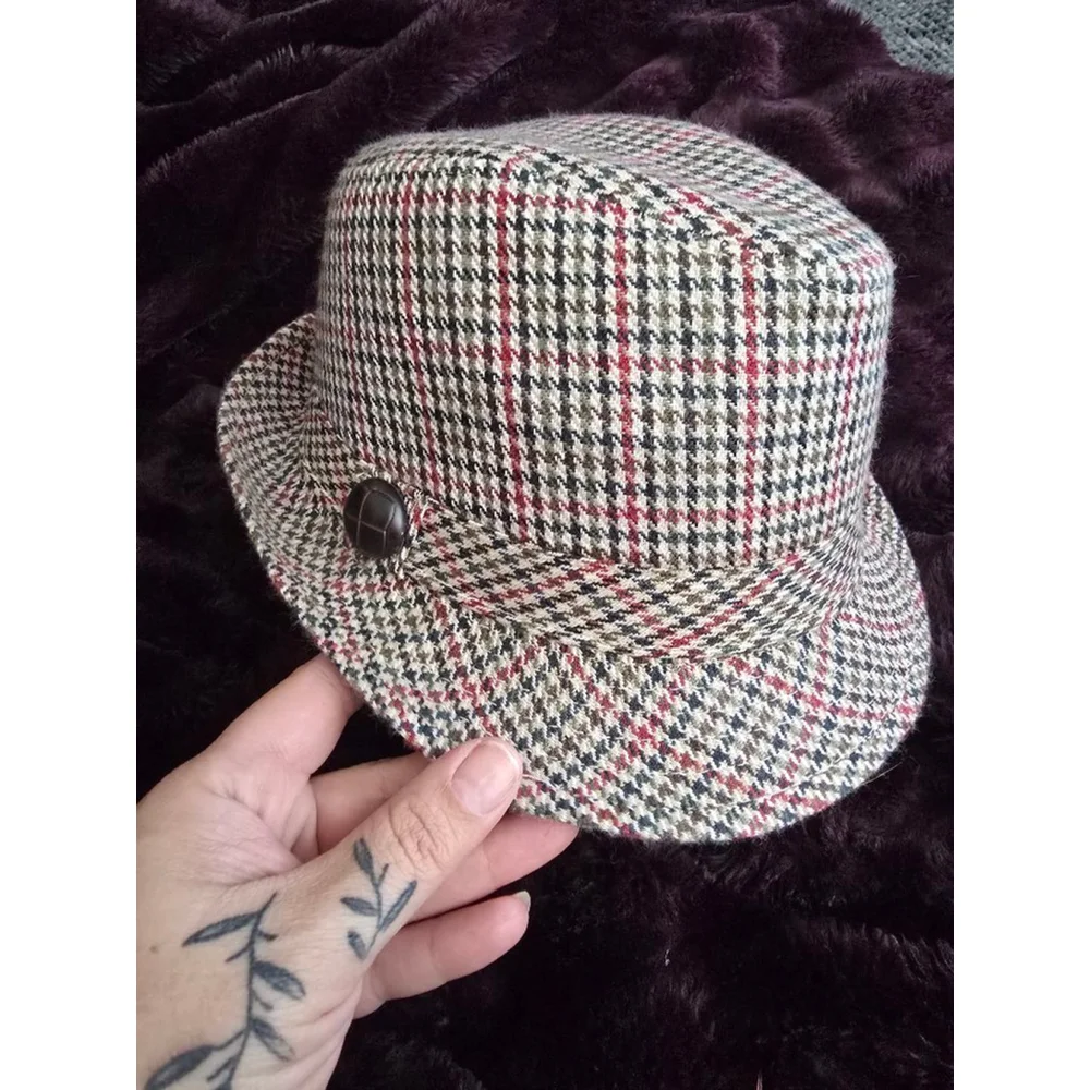 Women's Vintage Multicolor Houndstooth Fedora Hat One Size Brown Pink Navy